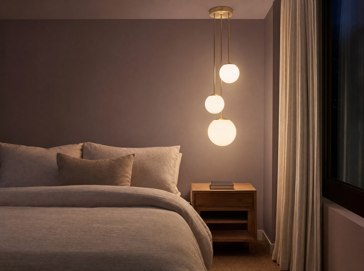 Three opal globes lit above a bedside table