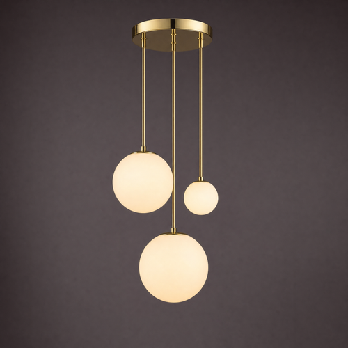 Three opal glass globes on slim brass stems at different drops