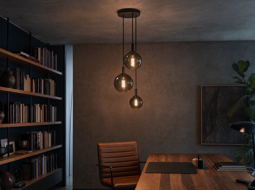 Three smoked globes lit above a desk in a book-lined study