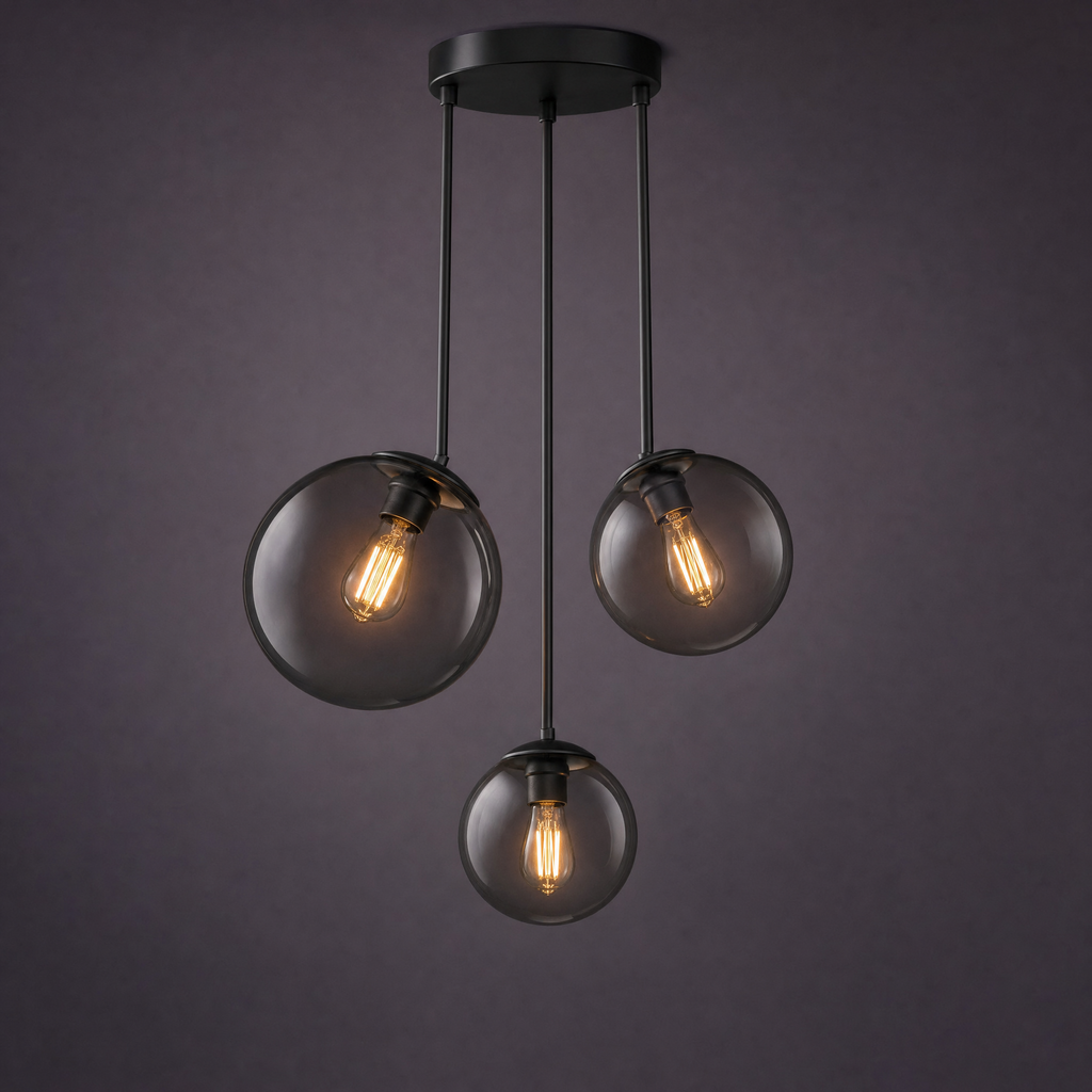 Three smoked glass globes on slim black stems at different drops