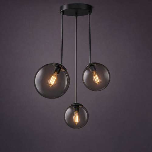 Three smoked glass globes on slim black stems at different drops