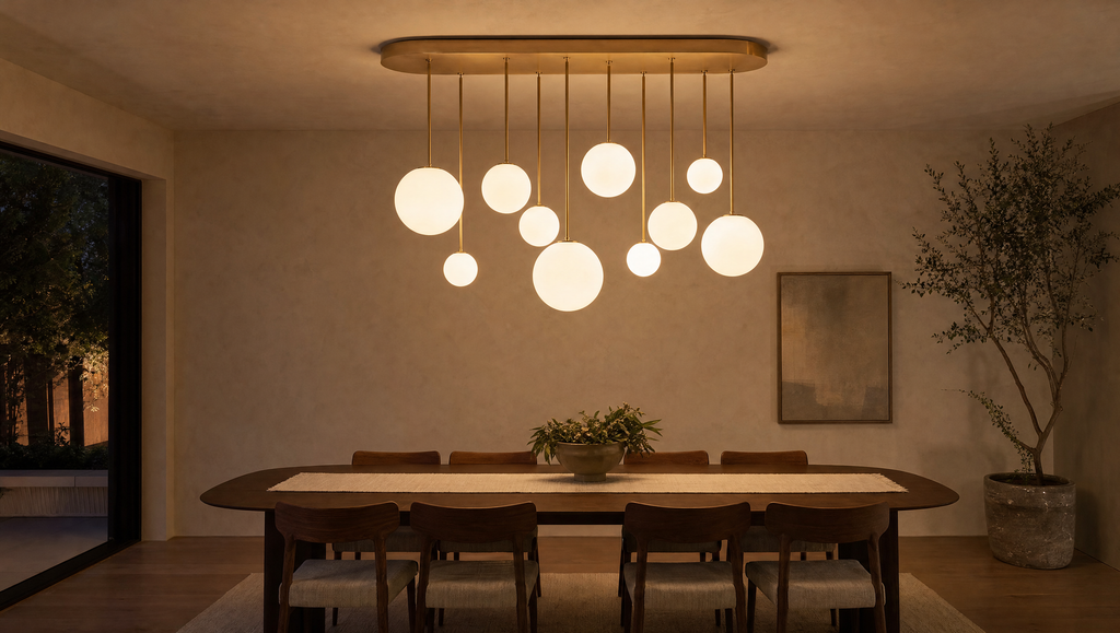 The oval brass globe chandelier above a long dining table