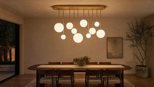 The oval brass globe chandelier above a long dining table