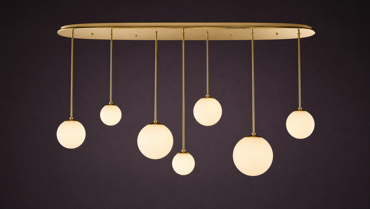 Seven opal glass globes at varying heights from a long oval brass canopy