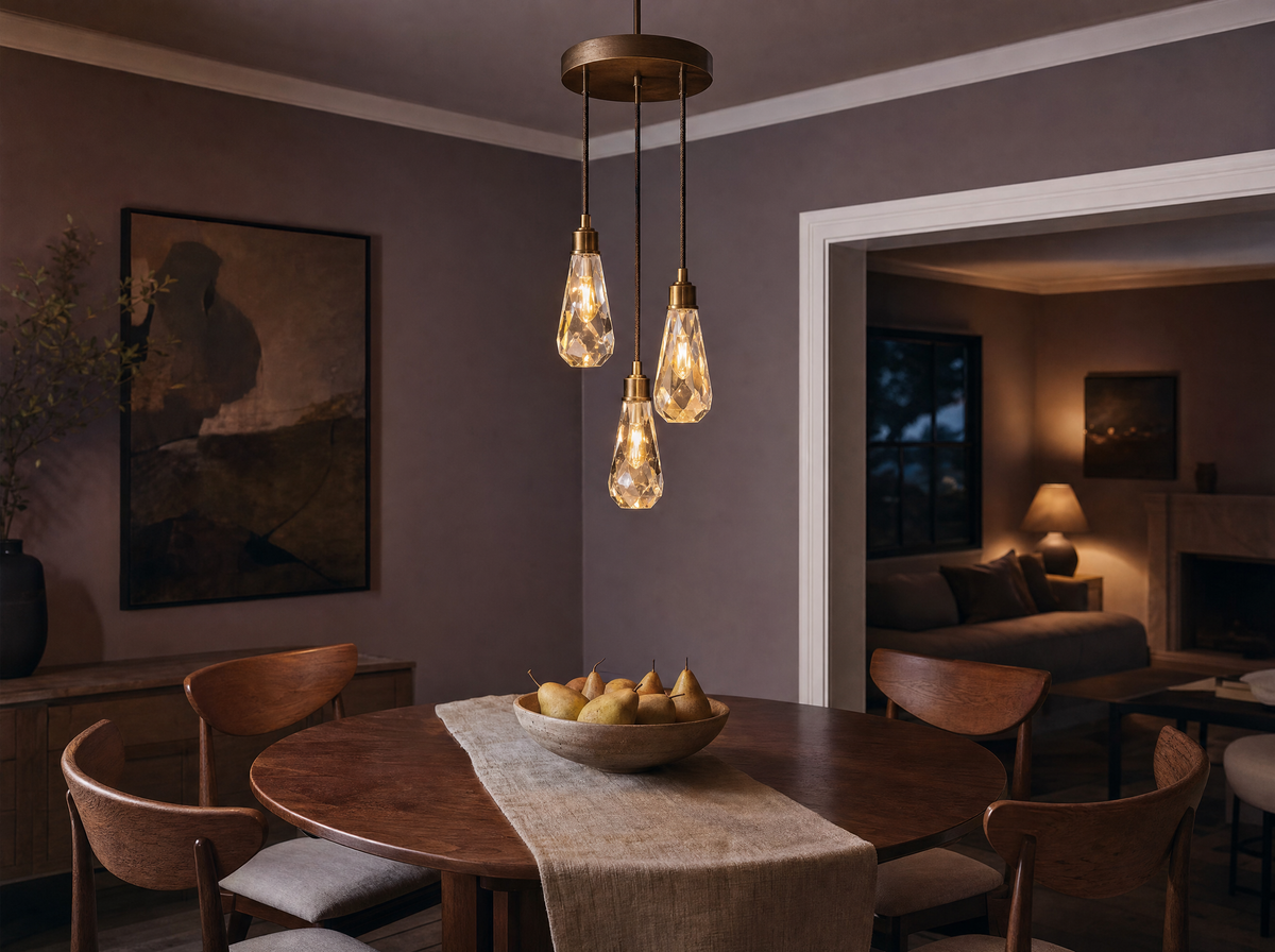 The three-drop cluster lit above a round walnut dining table