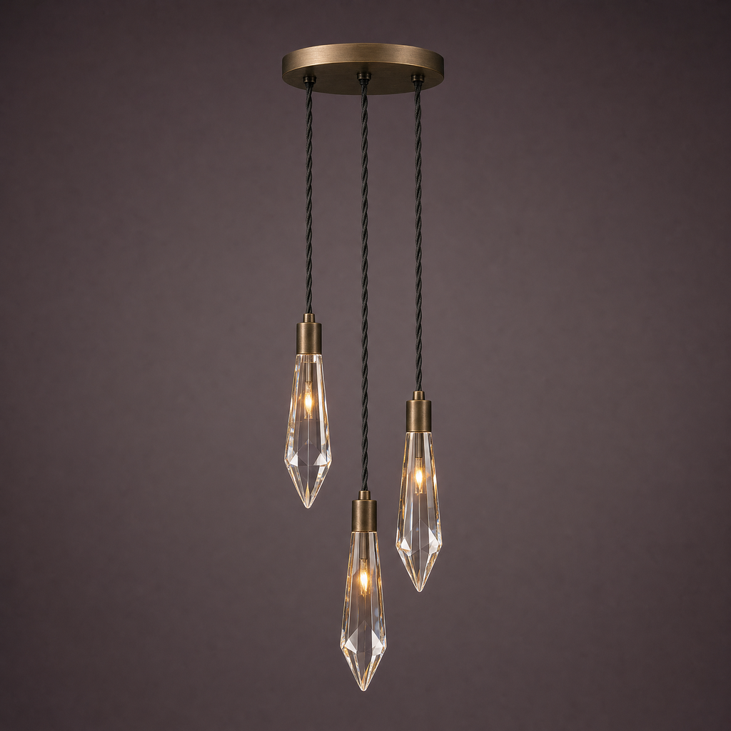 Three crystal drops at staggered heights from a round bronze spreader plate