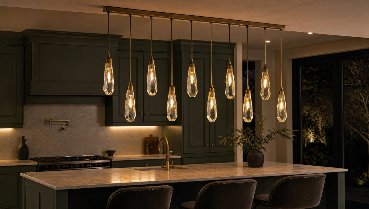 The linear crystal bar lit above a long kitchen island
