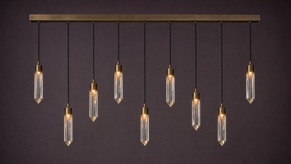 Ten crystal drops in two rows from a long bronze ceiling bar