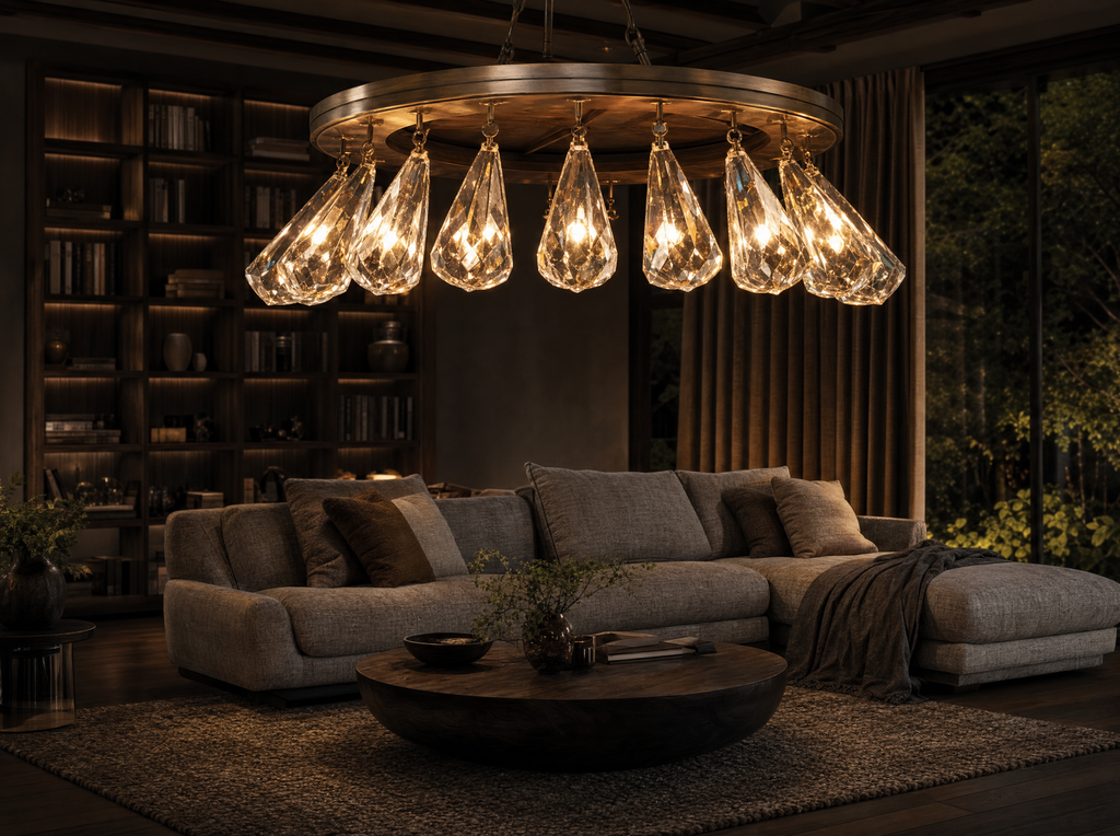 The bronze ring chandelier lit above a low sofa in a book-lined lounge