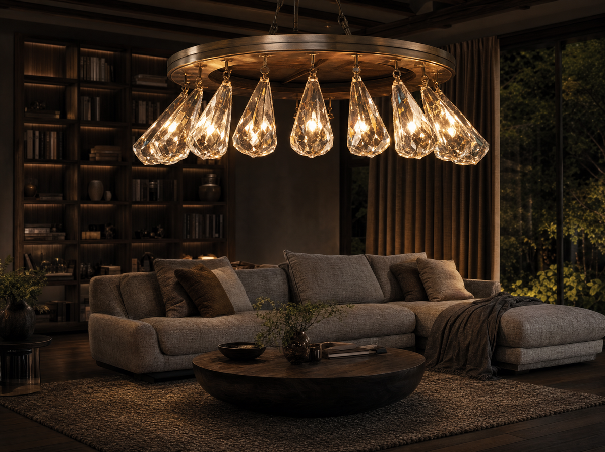 The bronze ring chandelier lit above a low sofa in a book-lined lounge