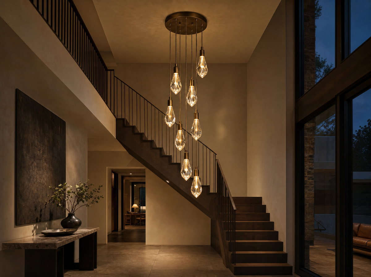 The round cascade hanging in a double-height entrance hall
