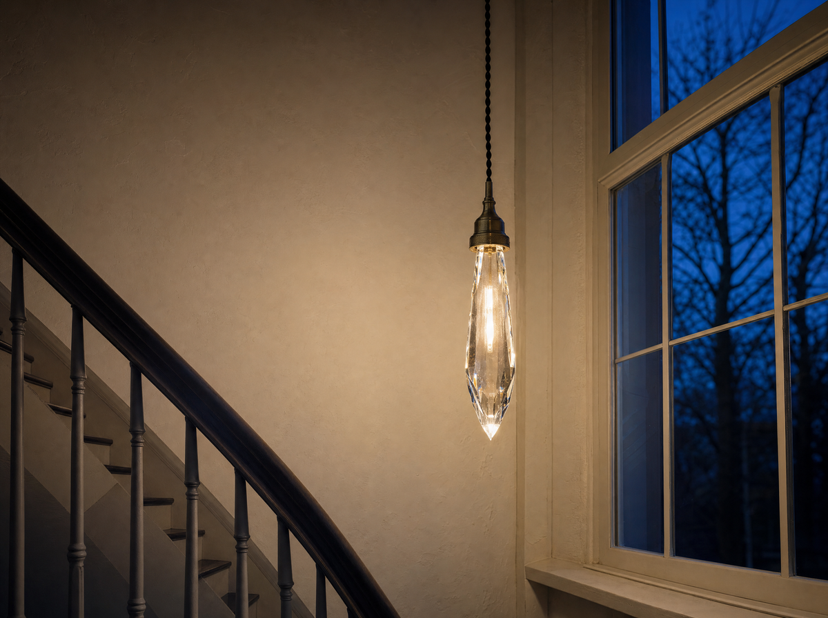 The large crystal pendant hanging beside a tall stairwell window at dusk