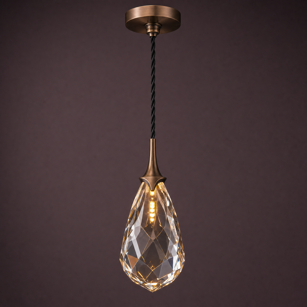 Single hand-cut crystal pendant in an antique-bronze collar, lit