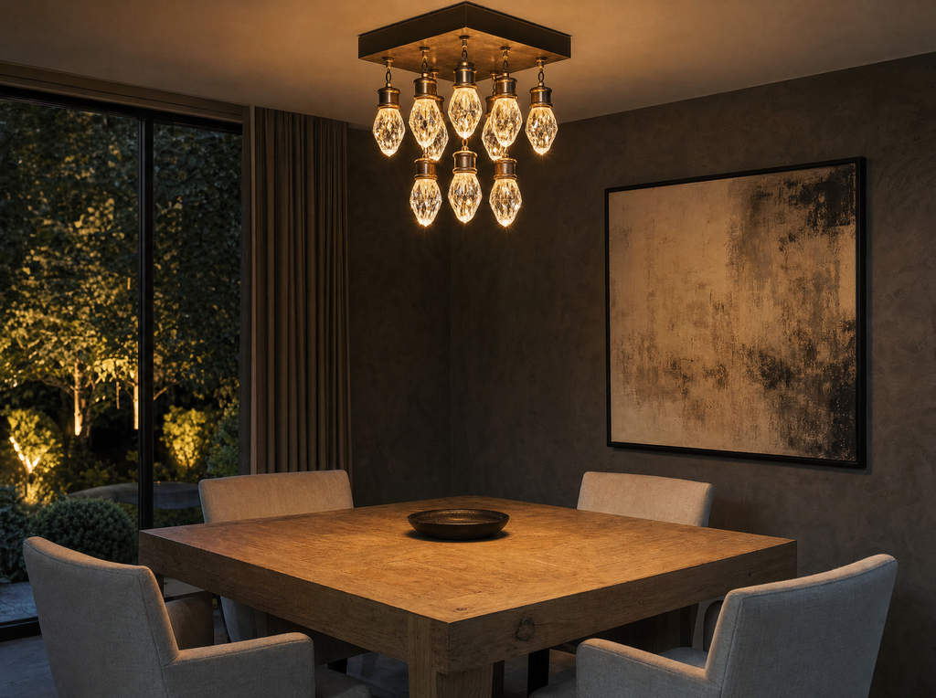 The square chandelier lit above a square oak dining table