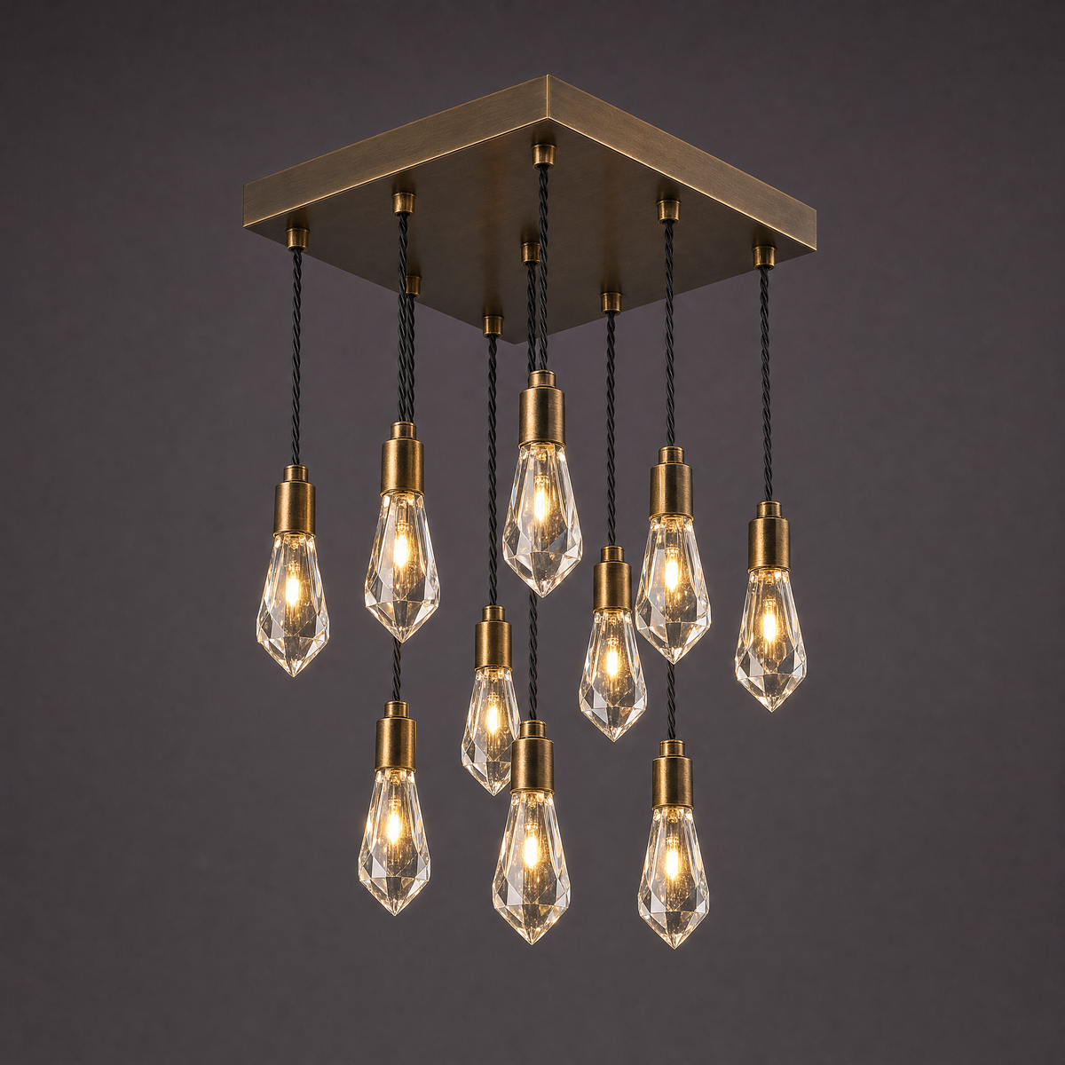 Ten crystal drops from a square bronze ceiling canopy